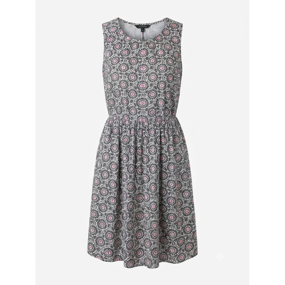 Lands End Women Retro Black Pink Floral Cotton Sleeveless Fisherman Sun Dress
